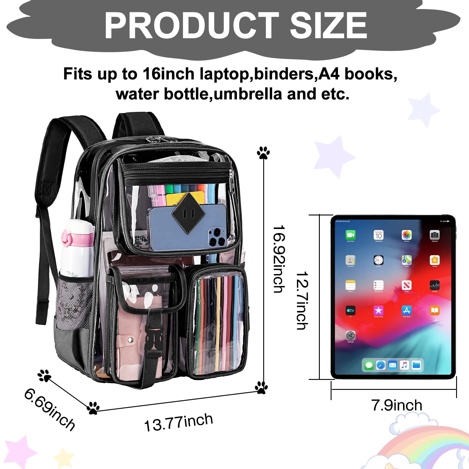 Sanmadrola Large Clear Backpack Heavy Duty Stadium Approved See Through Backpack Waterproof PVC Transparent Backpacks Clear Book Bag with Reinforced Strap for School Work Travel Festival, Black