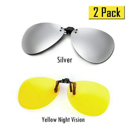 (2PACK)Cyxus Clip On Aviator Polarized Mirrored Sunglasses for Day Night Using, [Anti-Glare] [UV Protection] Driving/Cycling/Fishing Eyewear(Silver, Yellow)