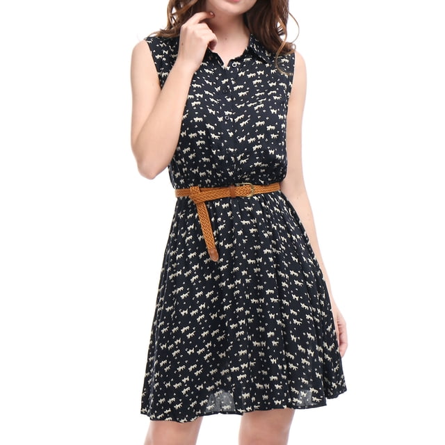 Vestido Allegra K Sin Mangas Cinturón Estampado Gato Azul Oscuro M