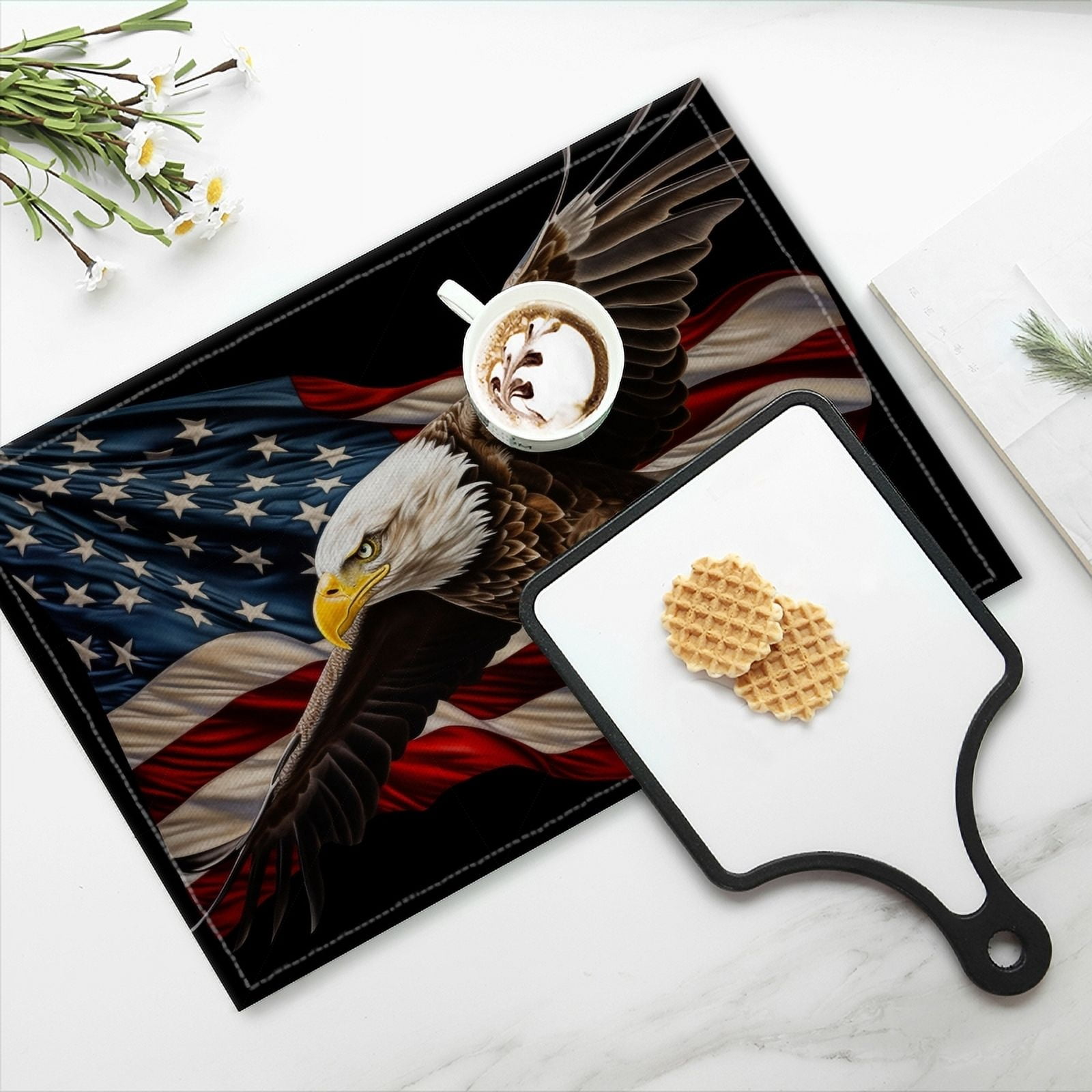 BaHomeck placemats Set of 4 Realistic Bald Eagle Flying Over American Flag Background Cotton Linen rectangle Placemats for Kitchen Dining Table Indoor,Outdoor,18*12inch