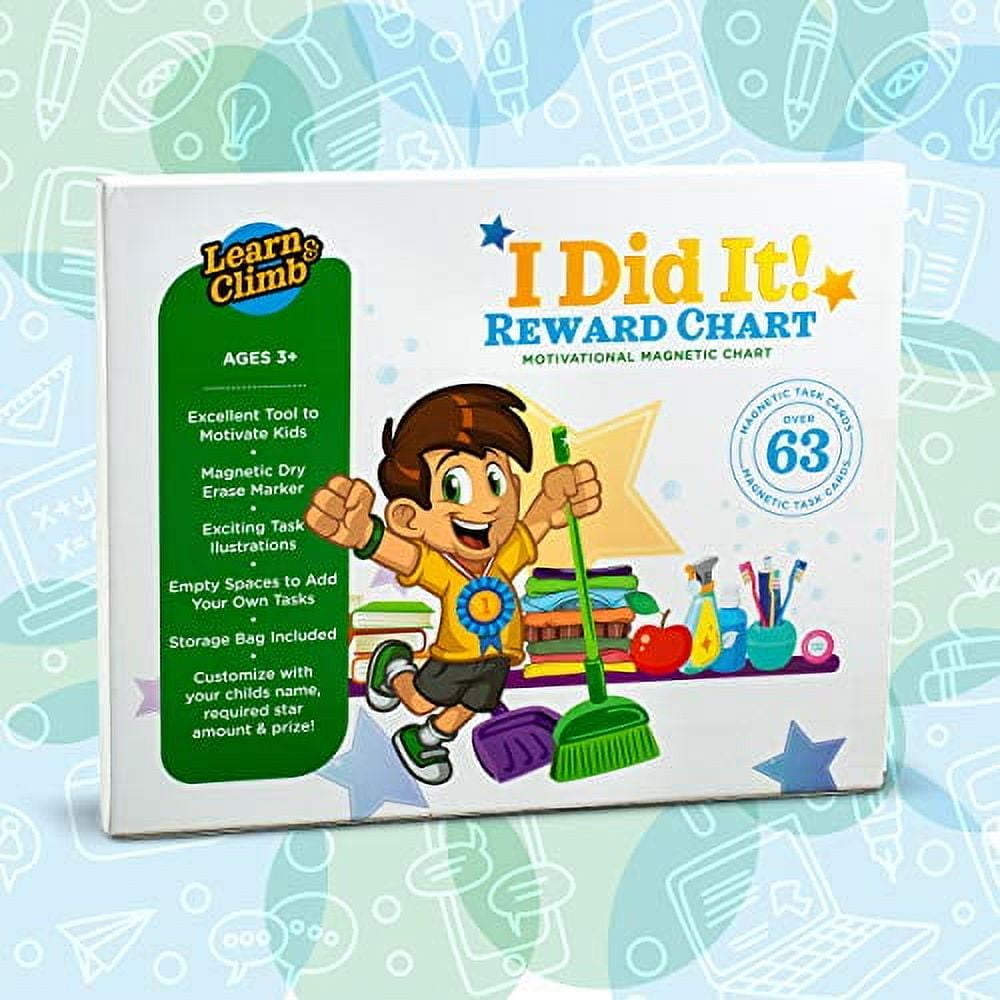 Learn & Climb Kids Behavior Reward Chart Magnetic Board with 63 Chores for Potty Training & Responsibility Tasks for Multiple Kids