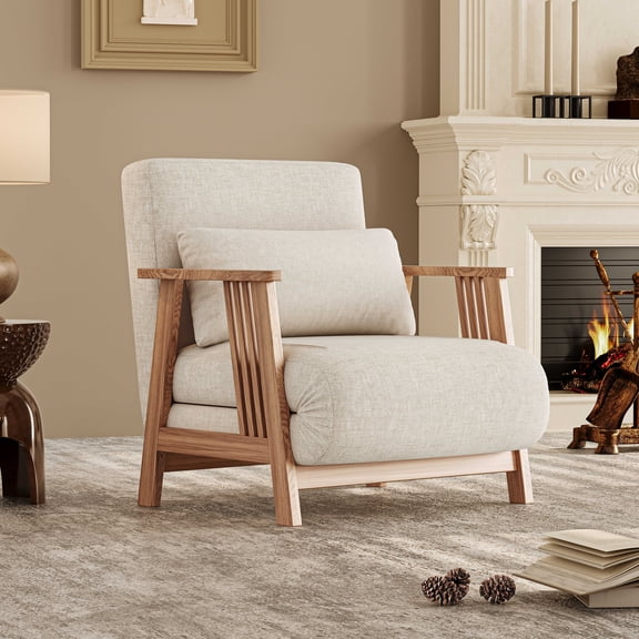 Wood Cushion Recliner Chair, Modern Linen Fabric Upholstered Accent Chair with Pillow, Beige Cushion Folding Armchair Sofa for Living Room and Bedroom, Single