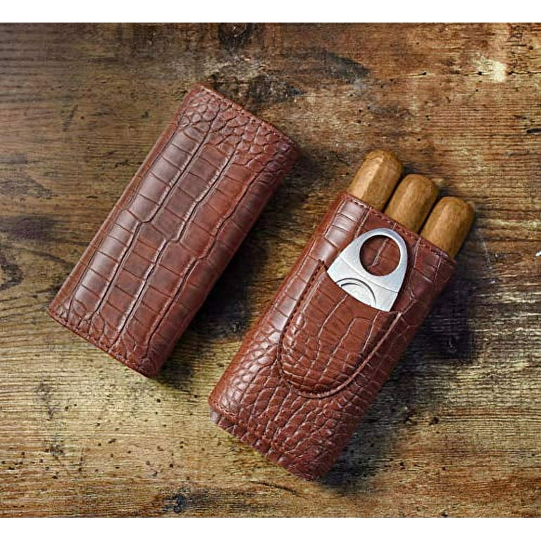 Brown Alligator Pattern Leather Cigar Carry Case for 3 Cigars