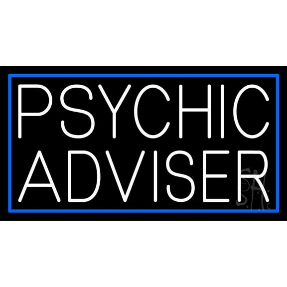 White Psychic Advisor Blue Border LED Neon Sign 20" Tall x 37" Wide - inches Black Square Cut Acrylic Backing, with Dimmer - Bright and Premium built indoor LED Neon Sign for Storefront.