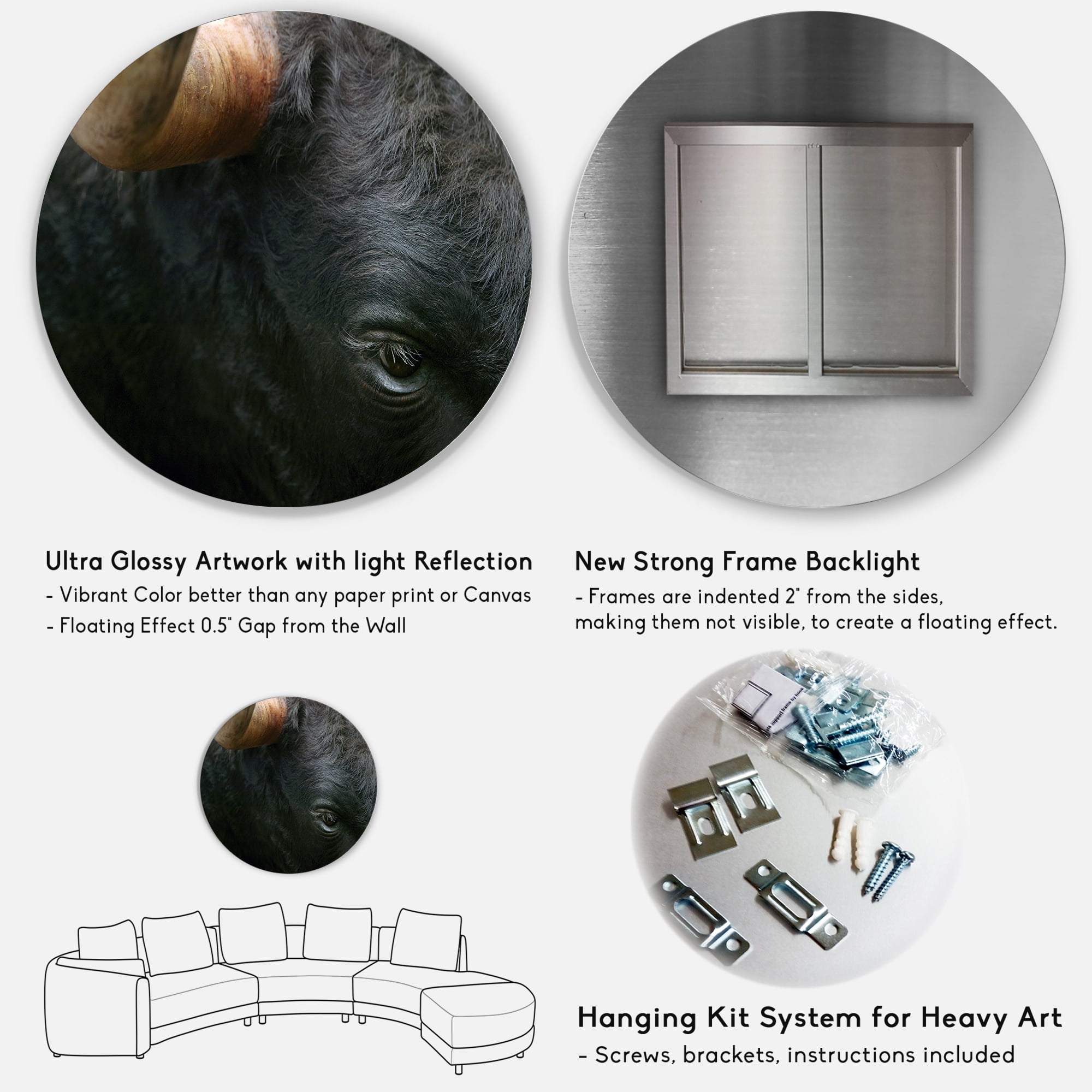 Designart 'Close-Up Of Eye Fighting Bull Head ' Farmhouse Circle Metal Wall Art 36x36 - Disc of 36