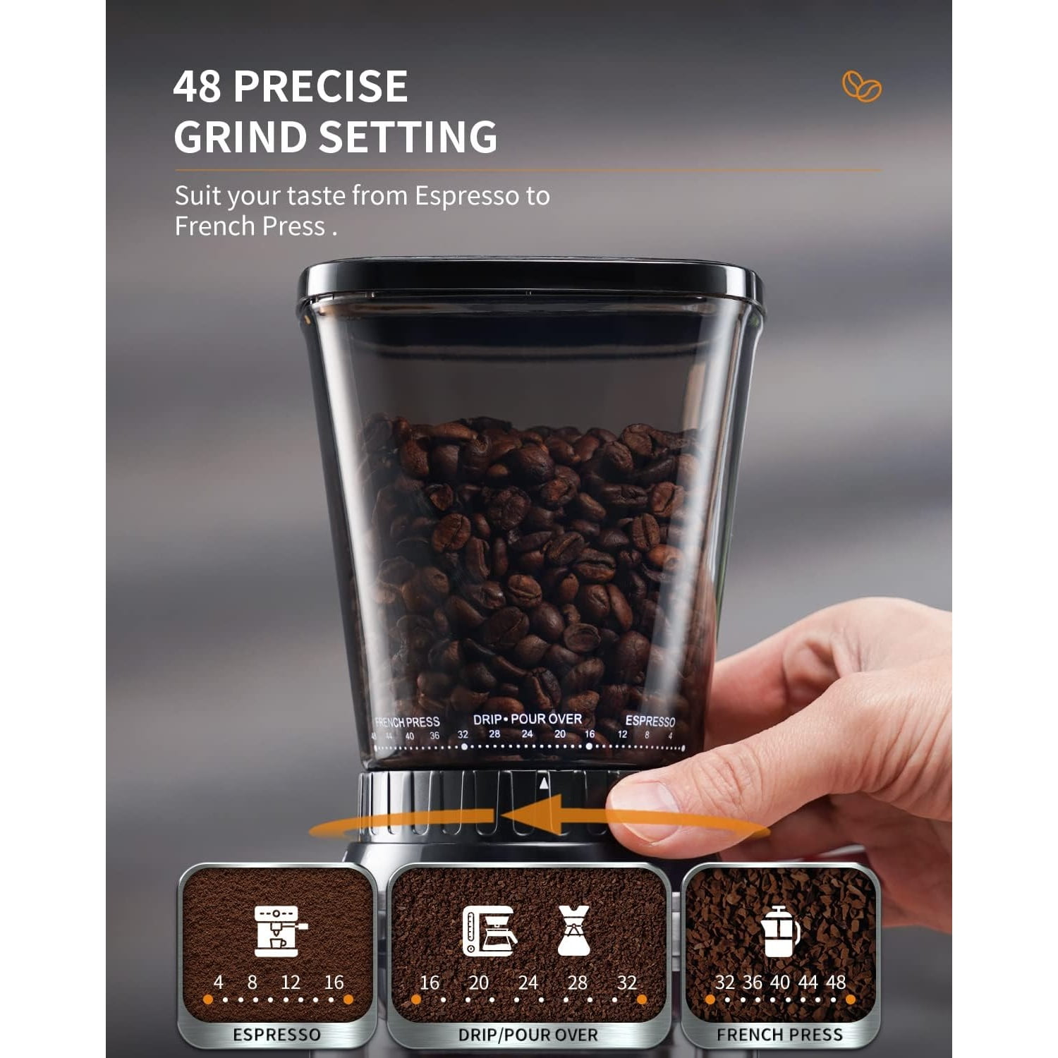 Professional Conical Burr Coffee Grinder, Coffee Bean Grinder with 48 Grind Settings for Espresso, Drip & French Press, Upgraded Anti-Static Technology, Precision Timer, Stainless Steel
