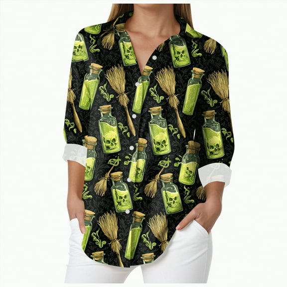 Godom Halloween Shirt Women Shirts Pumpkin Graphic Tee Long Sleeve Button Down Blouse