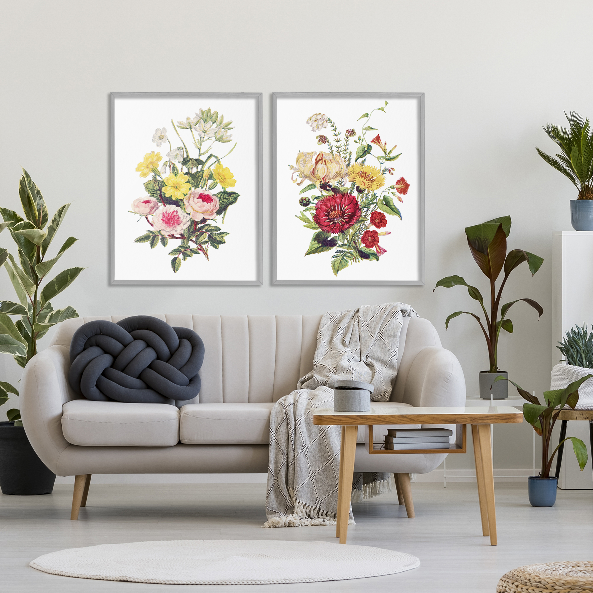 Mixed Flower Bushels 2 Piece Gray Framed Giclee Art Set, design by Lettered and Lined