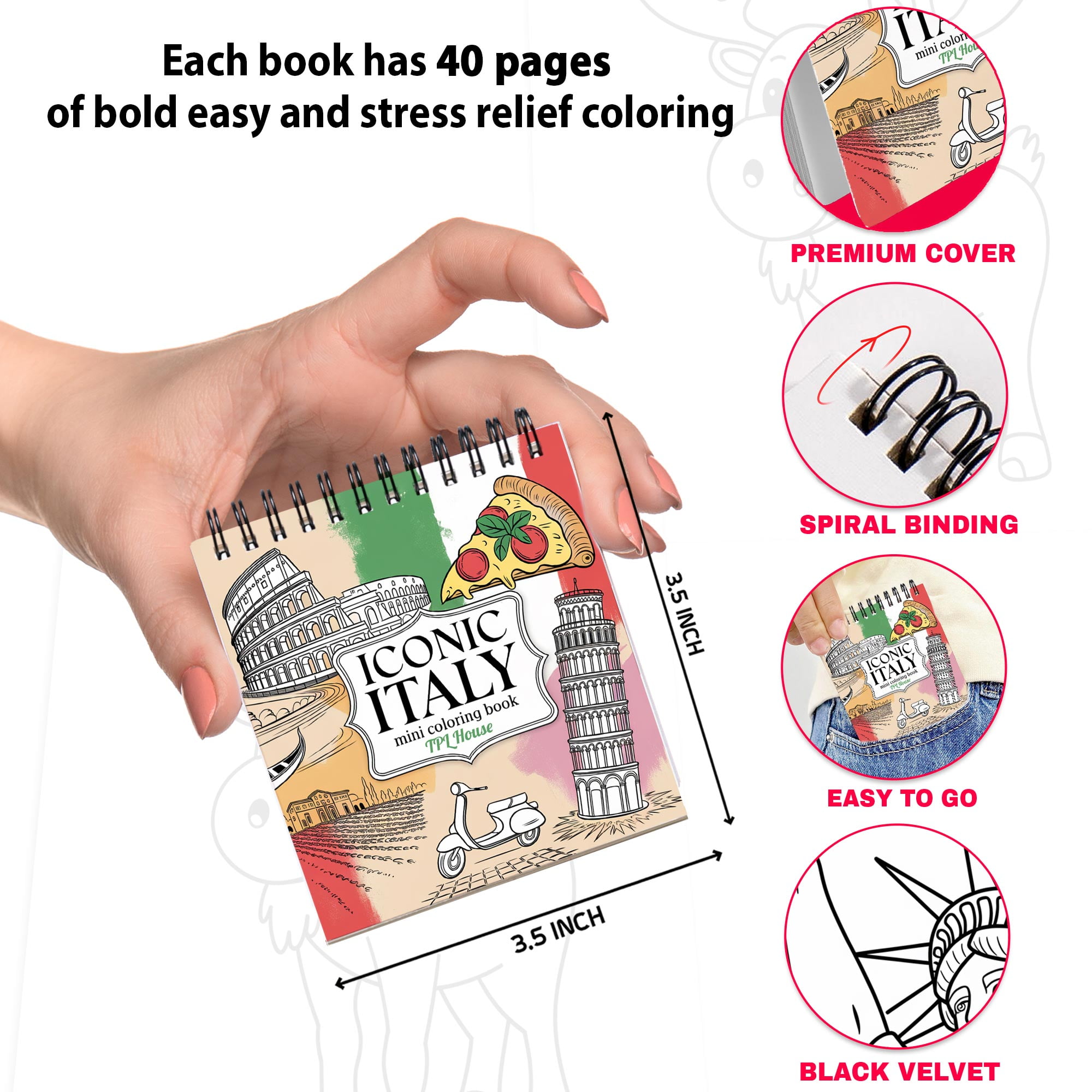 Iconic Countries Mini Coloring Book Spiral Bound for Adult, Pack 6, 3.5” x 3.5” Pocket Size, 40 Coloring Pages Stress & Anxiety Relief, Travel for Women Men