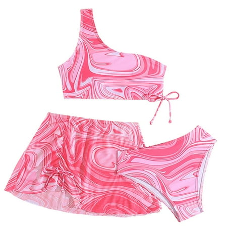 GYRATEDREAM Girls Swimsuit 3-Piece Bikini Set Kids One Shoulder Water Ripple High Waisted Bathing Suit Swimwear with Quick Dry Cover Up Skirt Set Pink for 9-16Y