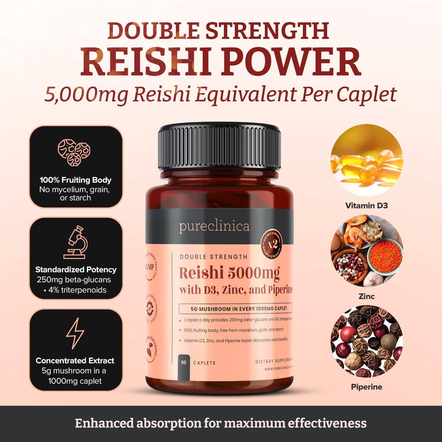 Pureclinica Double Strength Reishi Mushroom 5000mg – 90 Caplets (3-Month Supply) – with Vitamin D3, Zinc & Piperine – 100% Fruiting Body Extract – No Mycelium or Fillers