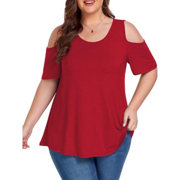Cueply Plus Size Tops for Women Summer Short Sleeve Shirts Cold Shoulder Blouse Crewneck Tunic 1X-4X