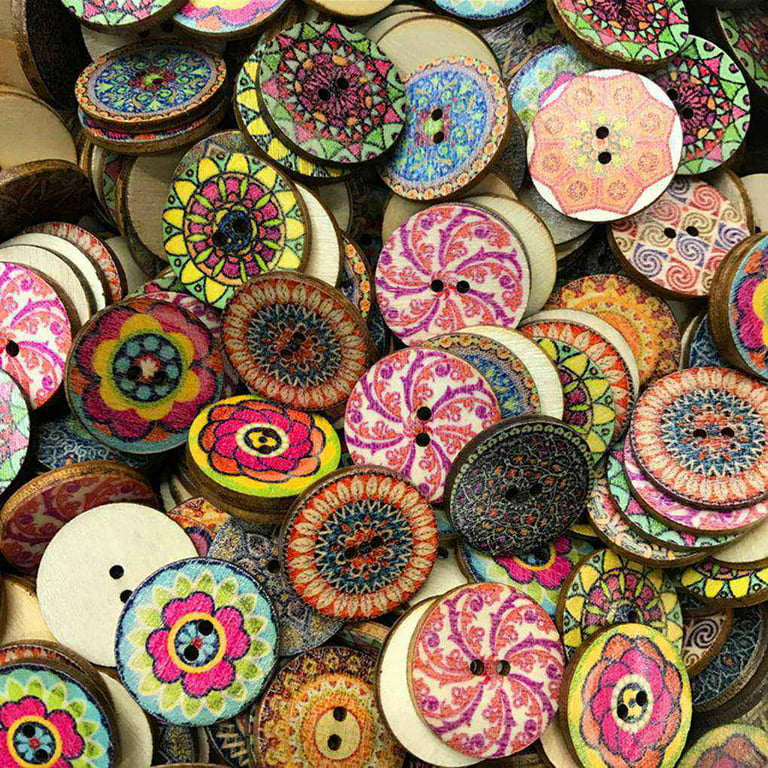 Geweyeeli 100pcs/bag Round Assorted Floral Printed Wooden Decorative Buttons for DIY Sewing Crafts Color Random, Size: 25 mm