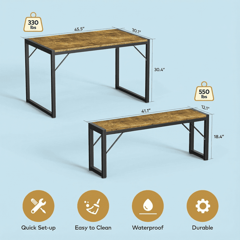 Aiho 3-Piece Dining Table Set - Industrial Kitchen Table & Chairs with Stain-Resistant Oak Top, Space Saving Design for Small Homes, Retro
