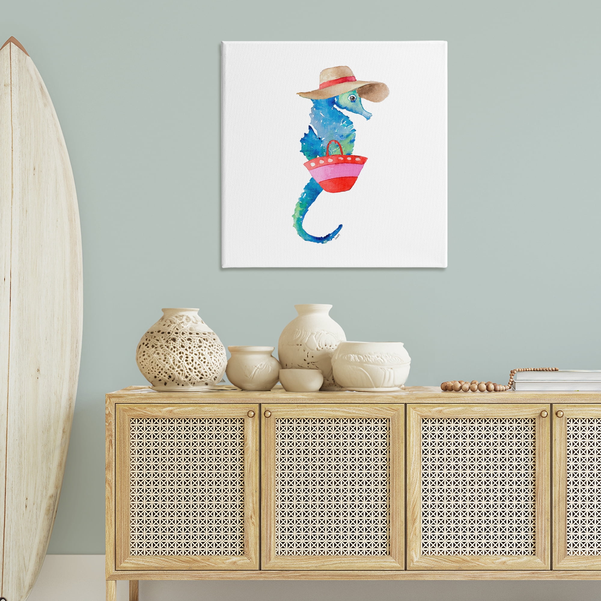 Stupell Industries Seahorse in Beach Hat Novelty Painting Gallery Wrapped Canvas Art Print Wall Art, 36 x 36