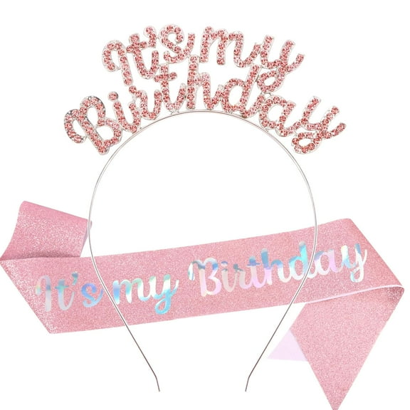 It's My Birthday Sash Headbands for Women Birthday Tiara & Crowns for Girls Rhinestone Happy Birthday Accessories Favor Supllies Silver Pink, 2 Pack
