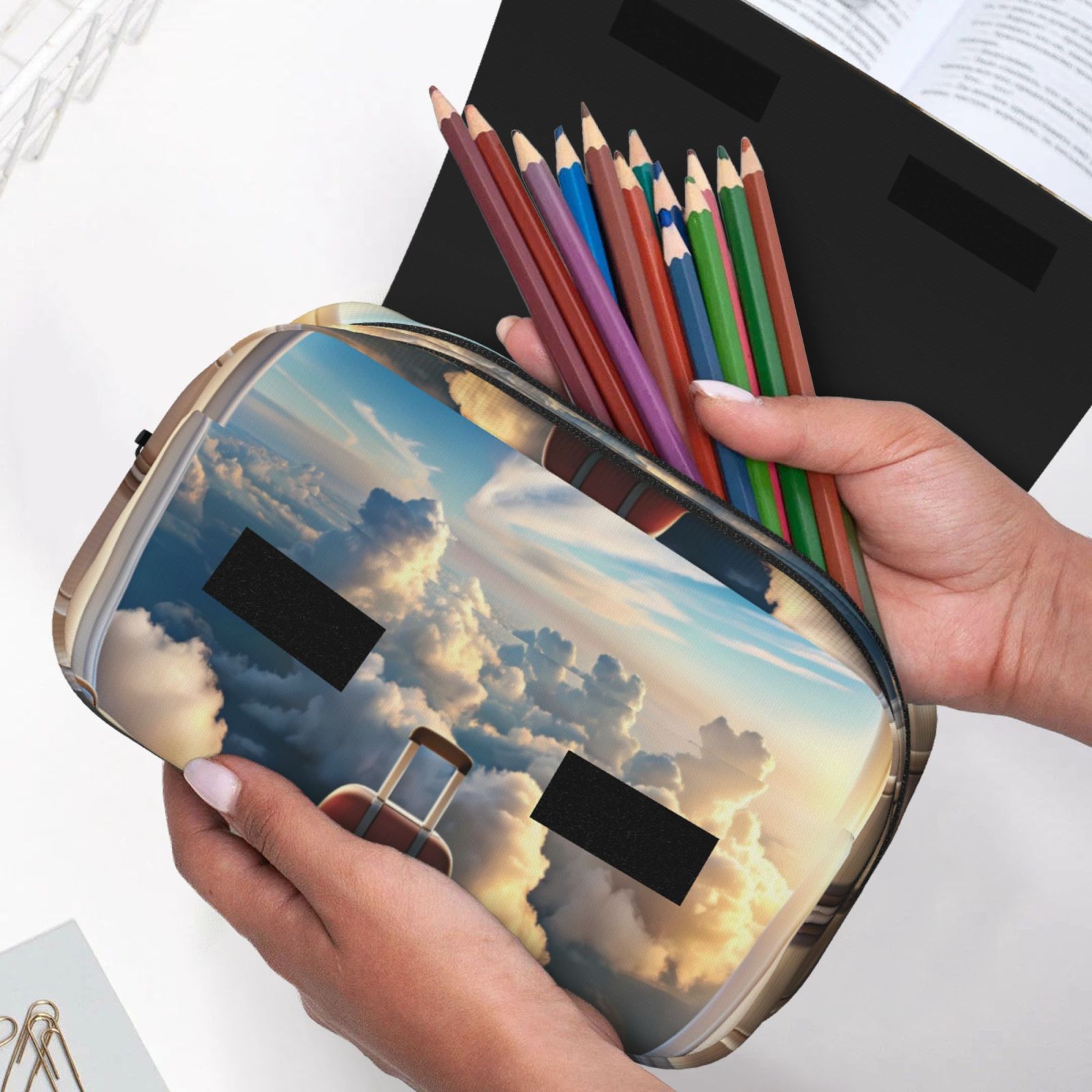 Rateoe Sunset Airplane Travel View Pattern Double Clamshell Pen Case, Storage Organizer with Two Zipper Compartments– Holds Up to 50 Pencils & Pens