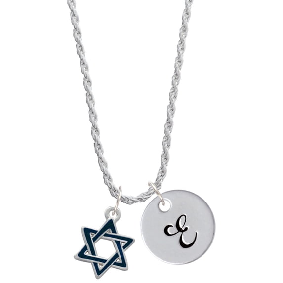 Delight Jewelry Silvertone Blue Star Of David Silvertone Script Initial Disc - E - Charm Necklace, 20"+3"