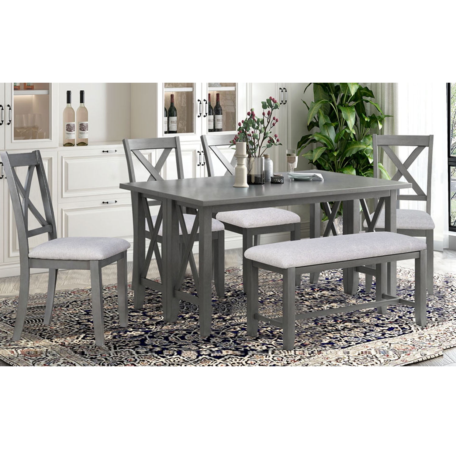 Kadyn Dining Table Set for 6, Living Room Table Set with Foldable Table and 4 Chairs with Bench, 6-piece Family Dining Room Set for Dining Room, Gray Kadyn Dining Table Set for 6, Living Room Table Set with Foldable Table and 4 Chairs with Bench, 6-piece Family Dining Room Set for Dining Room, Gray