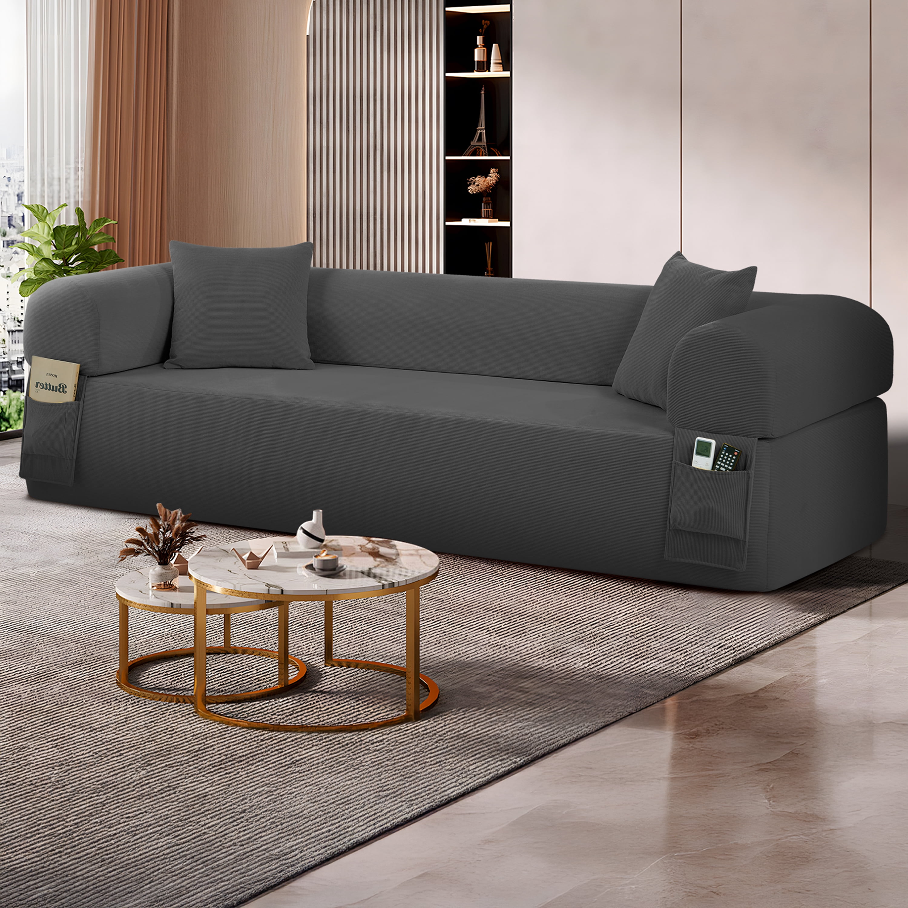 AC PACIFIC 3-Seater Low-Profile with Pillows & Storage – Pocketed Springs, Grey
