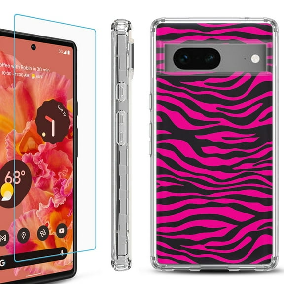 Shockproof Bumper Phone Case for Google Pixel 7, with Tempered Glass Screen Protector, by OneToughShield ® - Zebra Pink