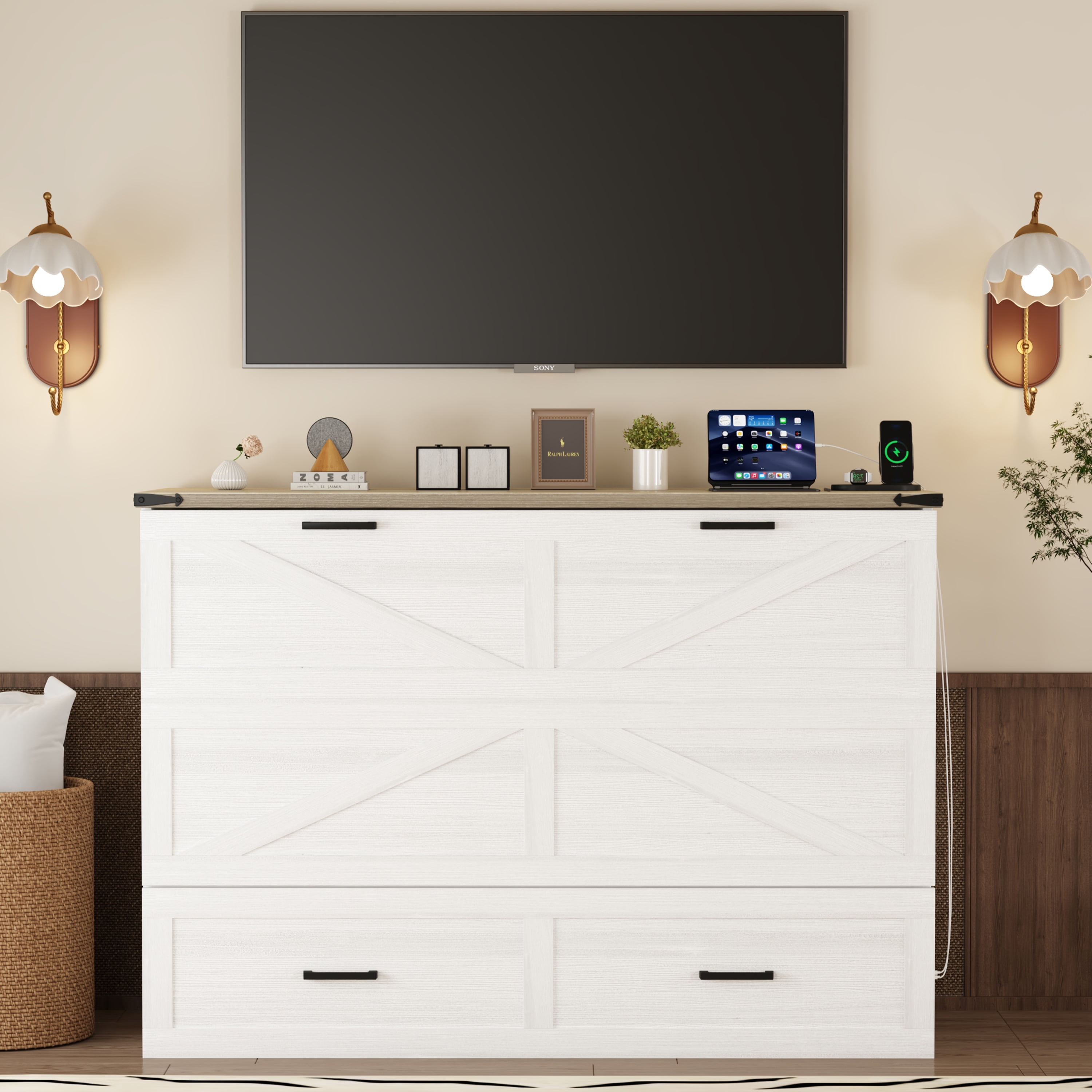 Mintazer Queen Farmhouse Murphy Cabinet Bed with Charging Station & Storage Drawers, Foldable Platform Bed for Bedroom Guest Room, White