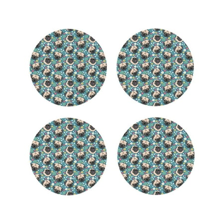 

Fuzoiu PUG HEAD And Flower Print Leather Coasters Set Drink Coasters Set of 4 for Tabletop Protection Durable PVC Coasters Home Décor and Housewarming Gift-Round Shape