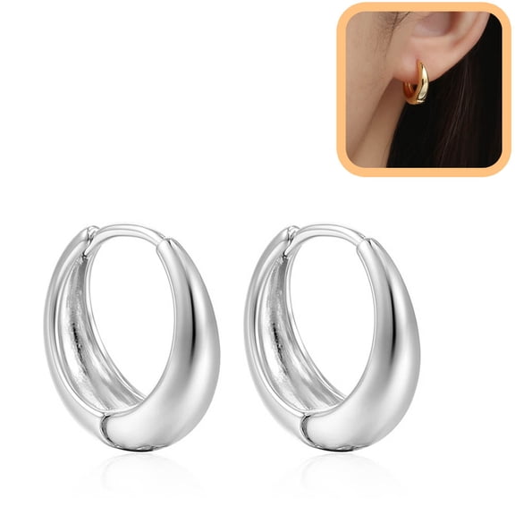 Small Chunky Hoop Earrings for Women, 18K Gold Plated Thick Lightweight Everyday Fashion Earrings with Silver Tone Post