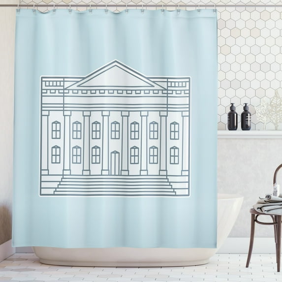 Charleston Shower Curtain, United States Custom House Structure Cartoon Pattern, Fabric Bathroom Set with Hooks, 69W X 84L Inches Extra Long, Pale Blue White and Pale Cadet Blue, by Ambesonne