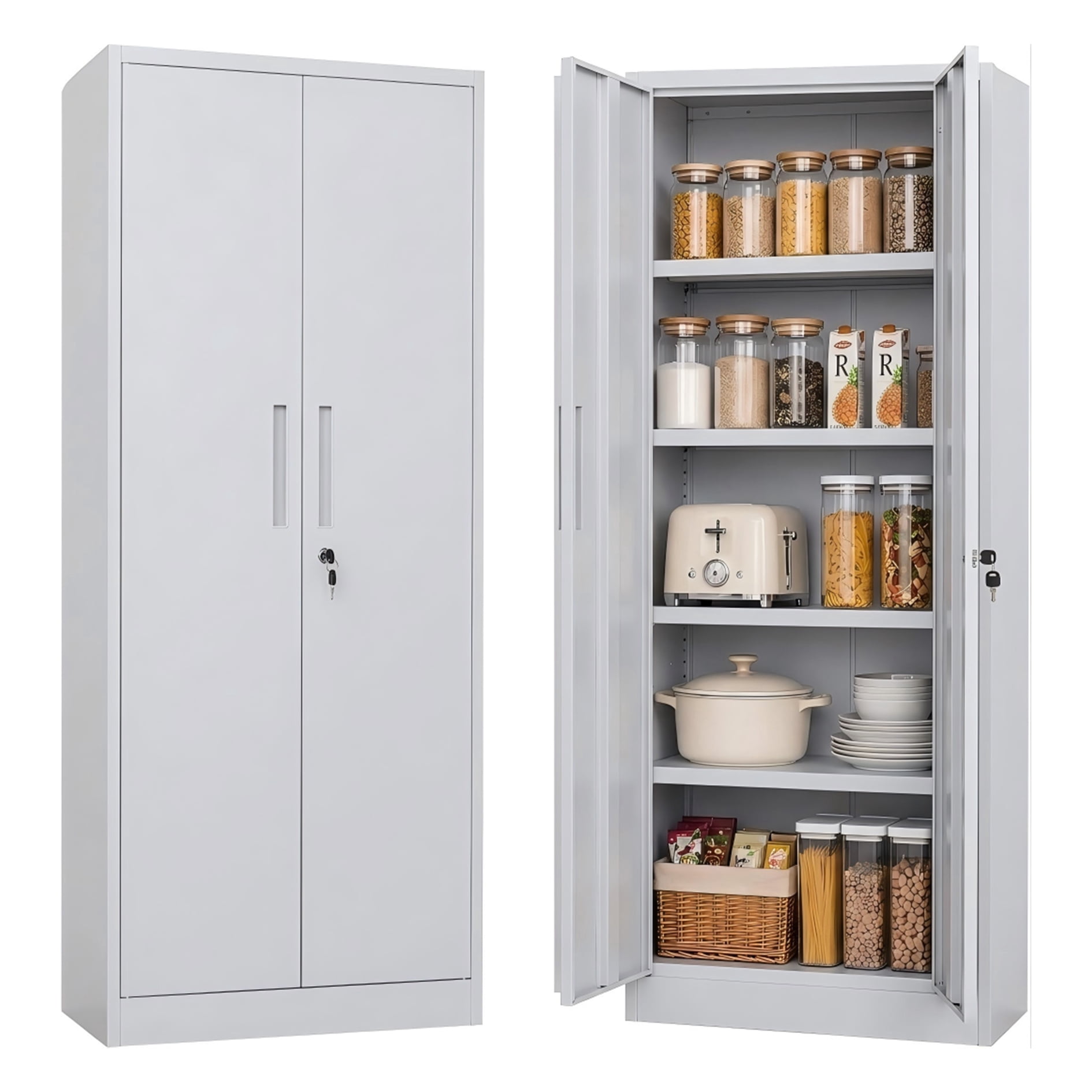 IKIMI 71" Metal Storage Cabinet with 4 Adjustable Shelves and Lock, Heavy Duty Steel Garage Tool Cabinet for Office, Home, Kitchen, White(H71"*W32"*D16")