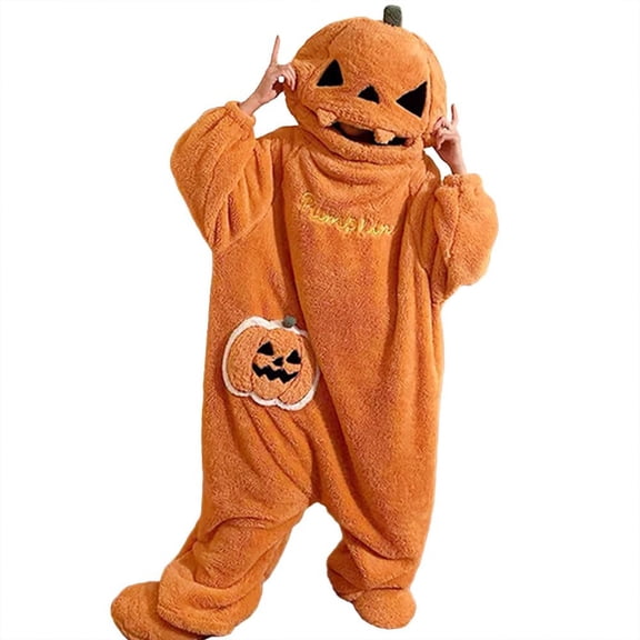 Halloween Pumpkin Onesie Adults | Soft Cozy Plush Hooded Pajamas, Oversized Pajamas for Parties Pumpkin Onesie Adult Halloween Funny Hooded Jumpsuit Pajamas Loungewear, Orange Adults - L