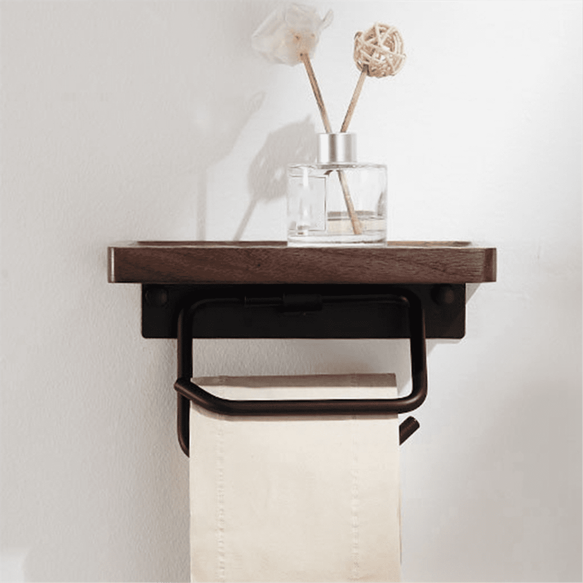 Double Paper Holder with Shelf Wood Wall Mounted WC Holders Toilet Paper Towel Rack for Bathroom Kitchen Flat
