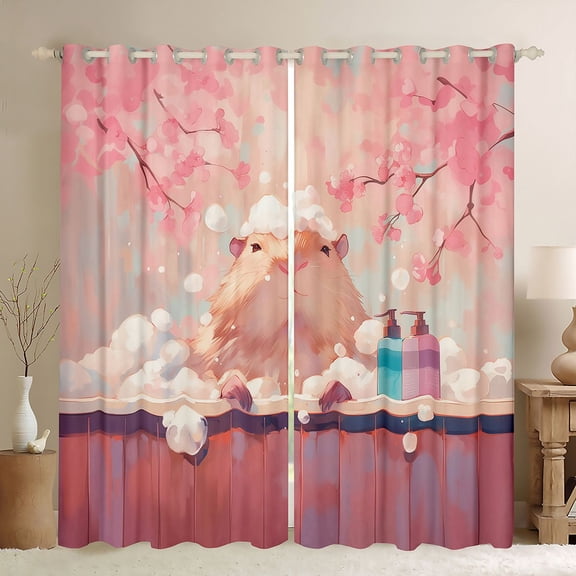 Erosebridal Cute Capybara Kid Black Out Curtains, Blossoms Floral Curtains Pack of 2 (42x63 Each)