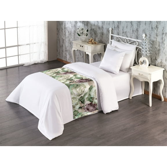 Rose Bed Runner, Watercolor Style Ornament of English Garden on Tan Tone Background, Decorative Accent Bedding Scarf for Hotels Homes & Guest Rooms, Twin, Grey Yellow and Dried Rose, by Ambesonne