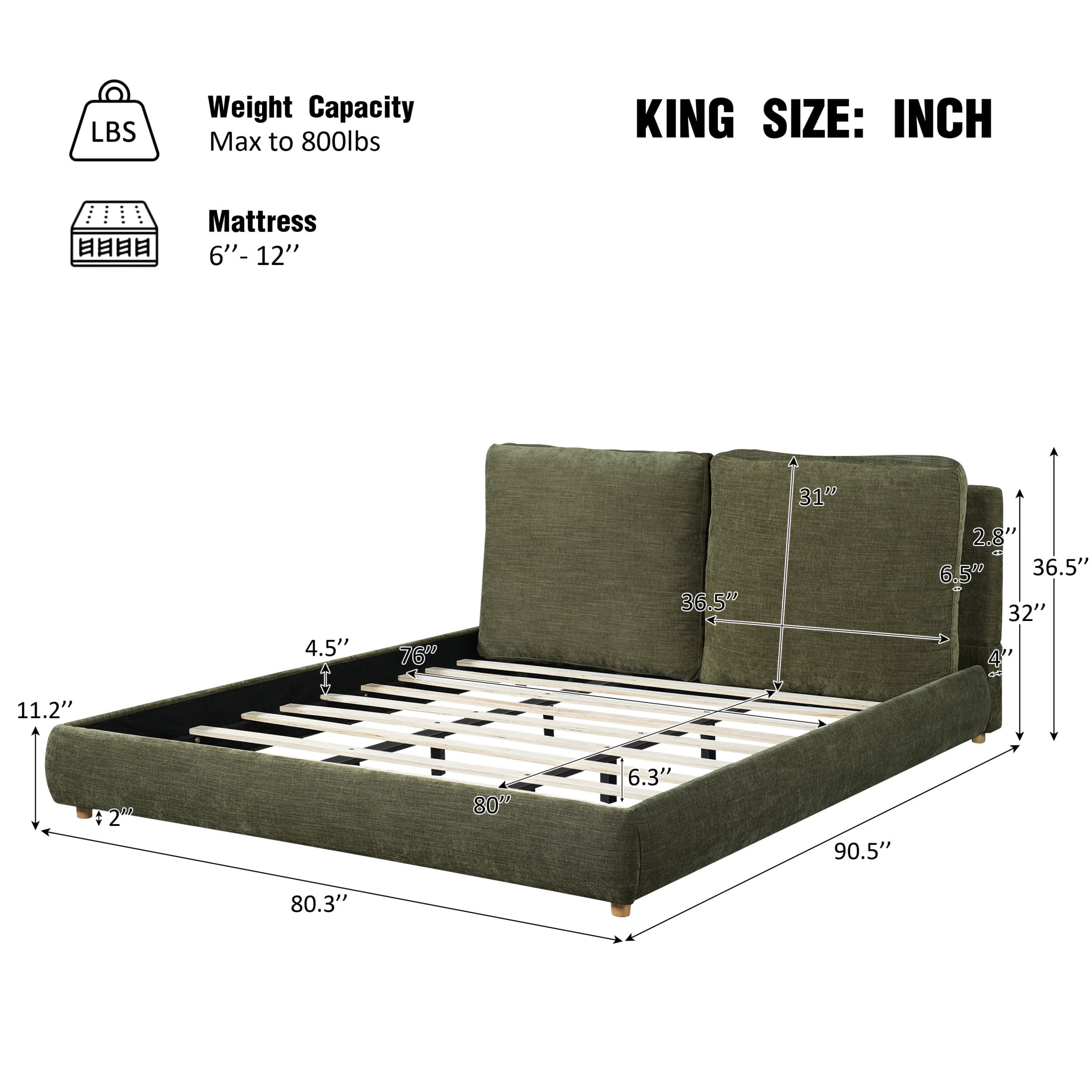 Christopher Knight Home King Upholstered Bed Frame with Removable Pillow Headboard, Olive Green