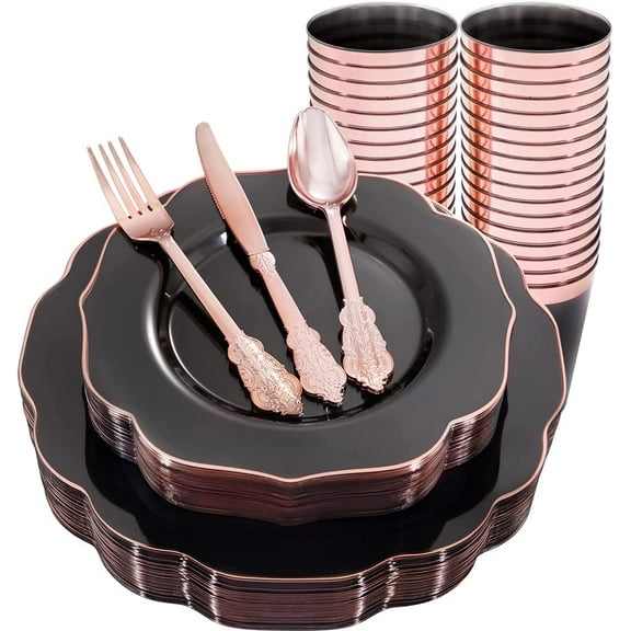 30Guests Clear Black Plastic Plates With Rose Gold Silverware& Disposable Plastic Cups- Rose Gold Rim Plastic Dinnerware Ideal for Party&New Year