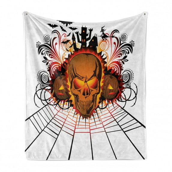 Halloween Soft Flannel Fleece Blanket, Angry Skull Face on Bonfire Spirits of Other World Concept Bats Spider Web Design, Cozy Plush for Indoor and Outdoor Use, 60" x 80", Multicolor, by Ambesonne