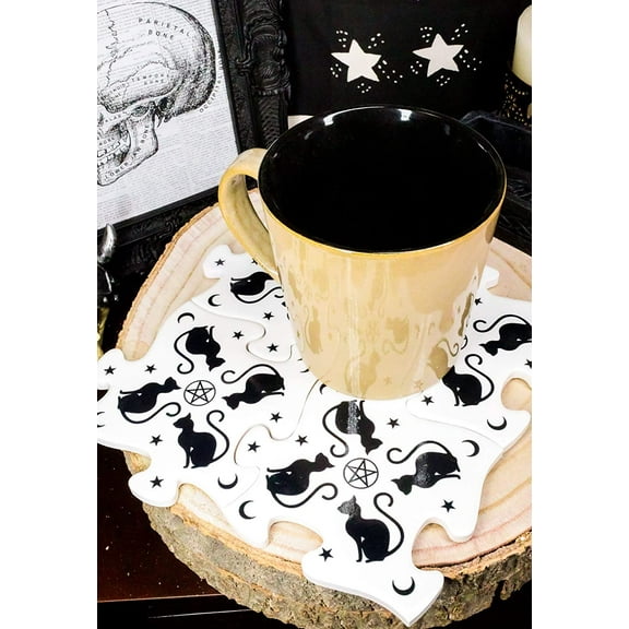 Ebros Wicca Black Cat Pentagram Star Moons Cork Backed Ceramic Coaster Set Of 4