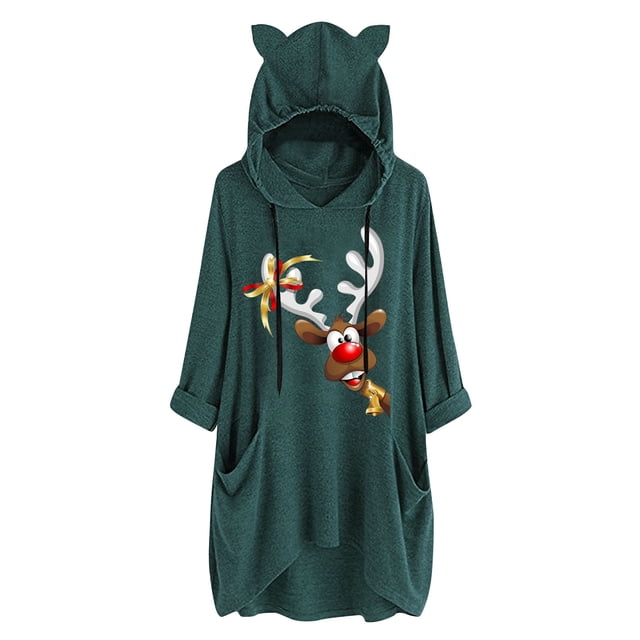 Top de manga larga con cuello redondo y capucha para mujer con estampado navideño y bolsillo suelto para mujer Pompotops FGAJ11150