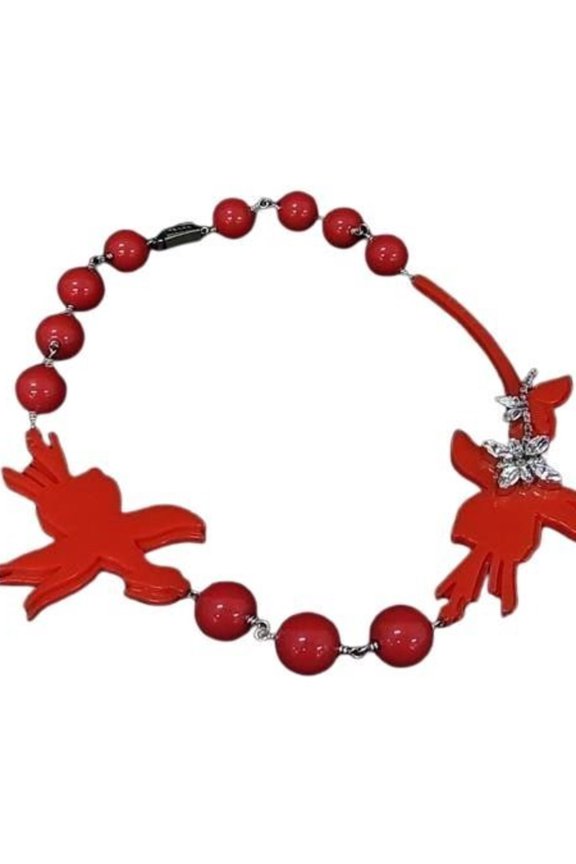 Pre-Owned PRADA Prada Necklace 1JC058 Red Silver PLEX Crystal Women's Bird Flower