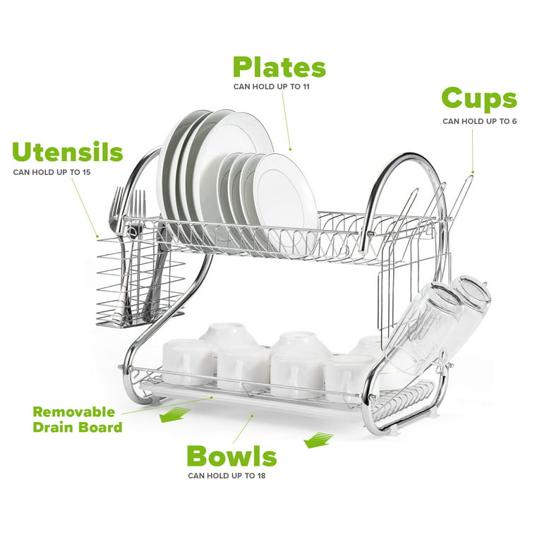  Yilingchild Dish Drying Rack, 2-Tier Dish Rack for Kitchen  Counter，Large Dish Strainers with Drainboard ， Dish Drainers with 2 Cup  Holder, Extra Drying Mat,Black Utensil Holder
