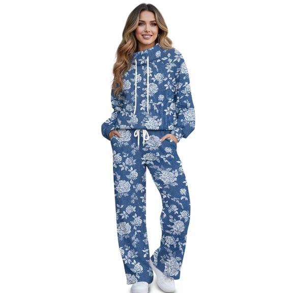 Xoenoiee Blue Rose Flower Print Women's Summer 2 Piece Loungewear Set Long Sleeve Top and Wide Leg Sweatpants Tracksuit Casual Outfits, XS