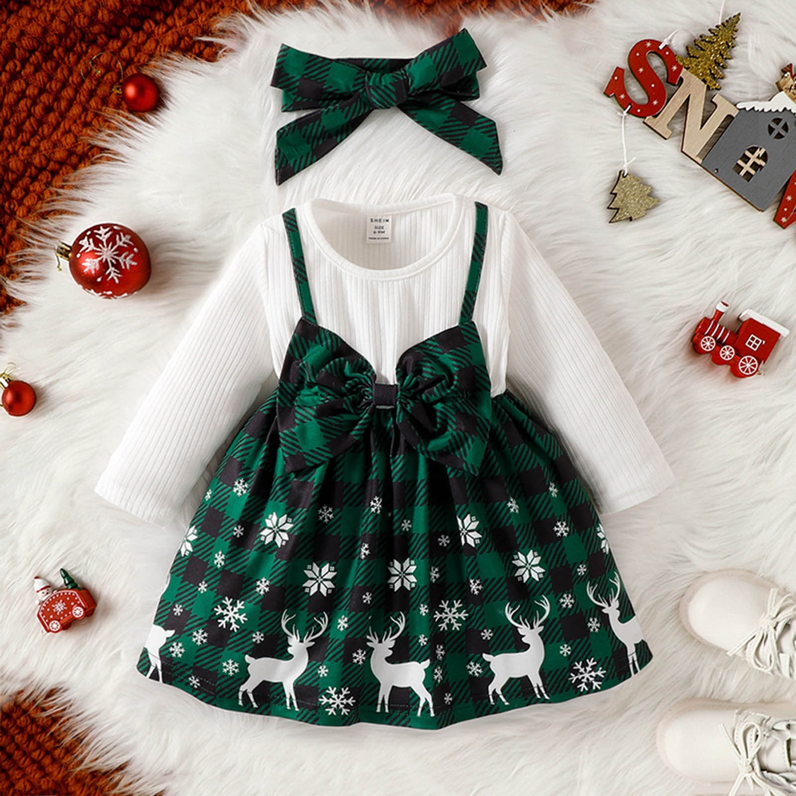 Fashion Kids Girl Dresses Toddler Baby Girl Christmas Green Snowflake Outfit  Long Sleeve Princess Dress Headband 2Pcs Set Features: 