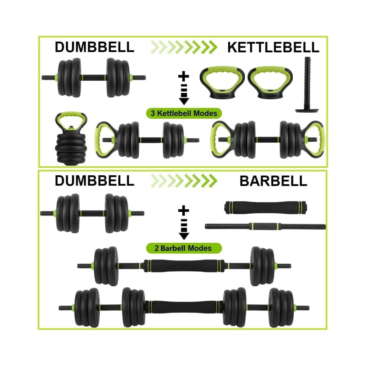 Adjustable Dumbbell Set, 4 in 1 Adjustable Kettlebell Set,44lbs/66lbs/88lbs Weight Set Used as Kettlebells, Barbell, Push up Stand for Home Gym,Green and Black,Round Head
