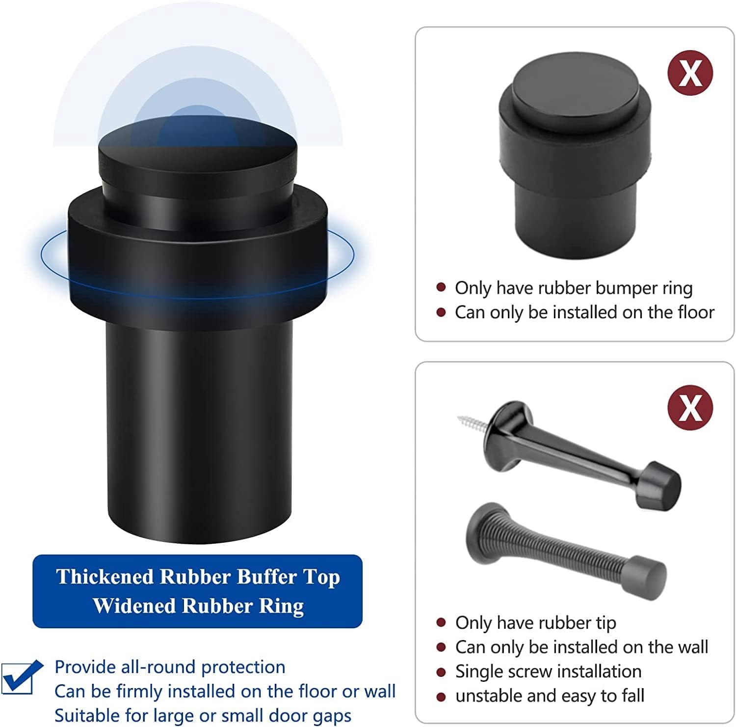 Door Stoppers 2.5 Inch Floor Door Stop Cylindrical Black Doorstop Rubber Bumper Wall Protector, Stainless Steel Heavy Duty Door Stopper for Bottom of Doors, 4 Pack