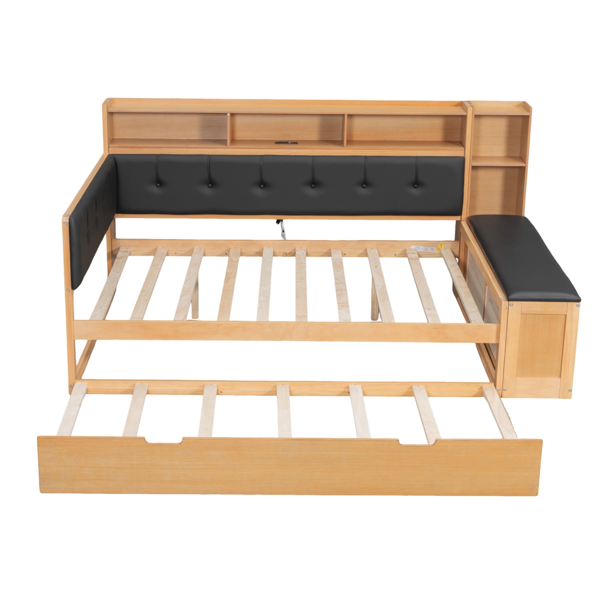 Euroco Wood Full Size Daybed with Trundle and Drawers, Storage Bed with Upholstery  Bench and Headboard, Charging Station and Shelves, Natural