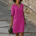 thumbnail image 1 of Robes Femmes à la Mode et Confortables Col en V Manches Mi-Longues Coton Lin Robe Courte Mini Jupes pour Femmes Rose Vif, 1 of 9