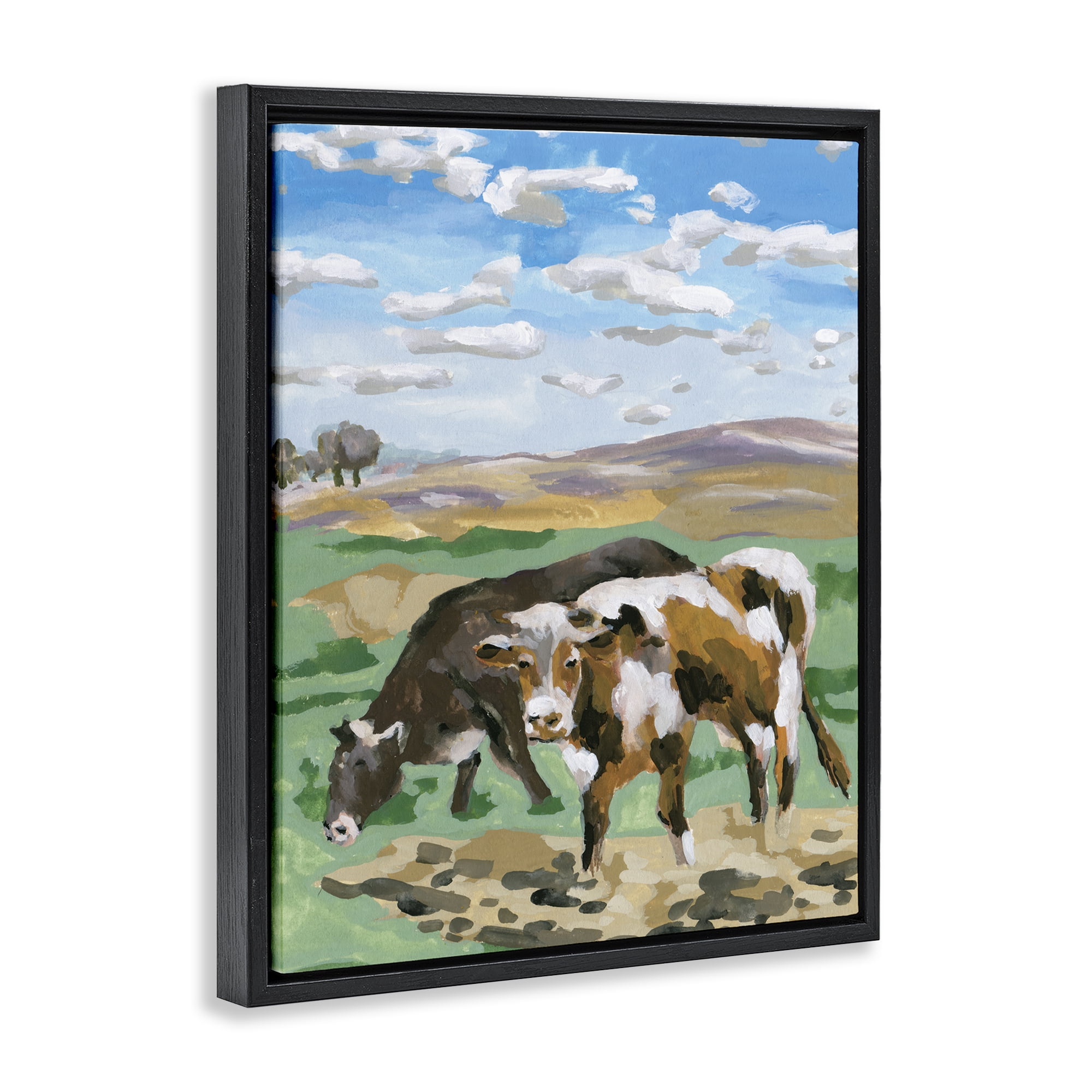 Stupell Industries Grazing Cattle Landscape Animals Painting Black Floater Framed Canvas Art Print Wall Art, 25 x 31