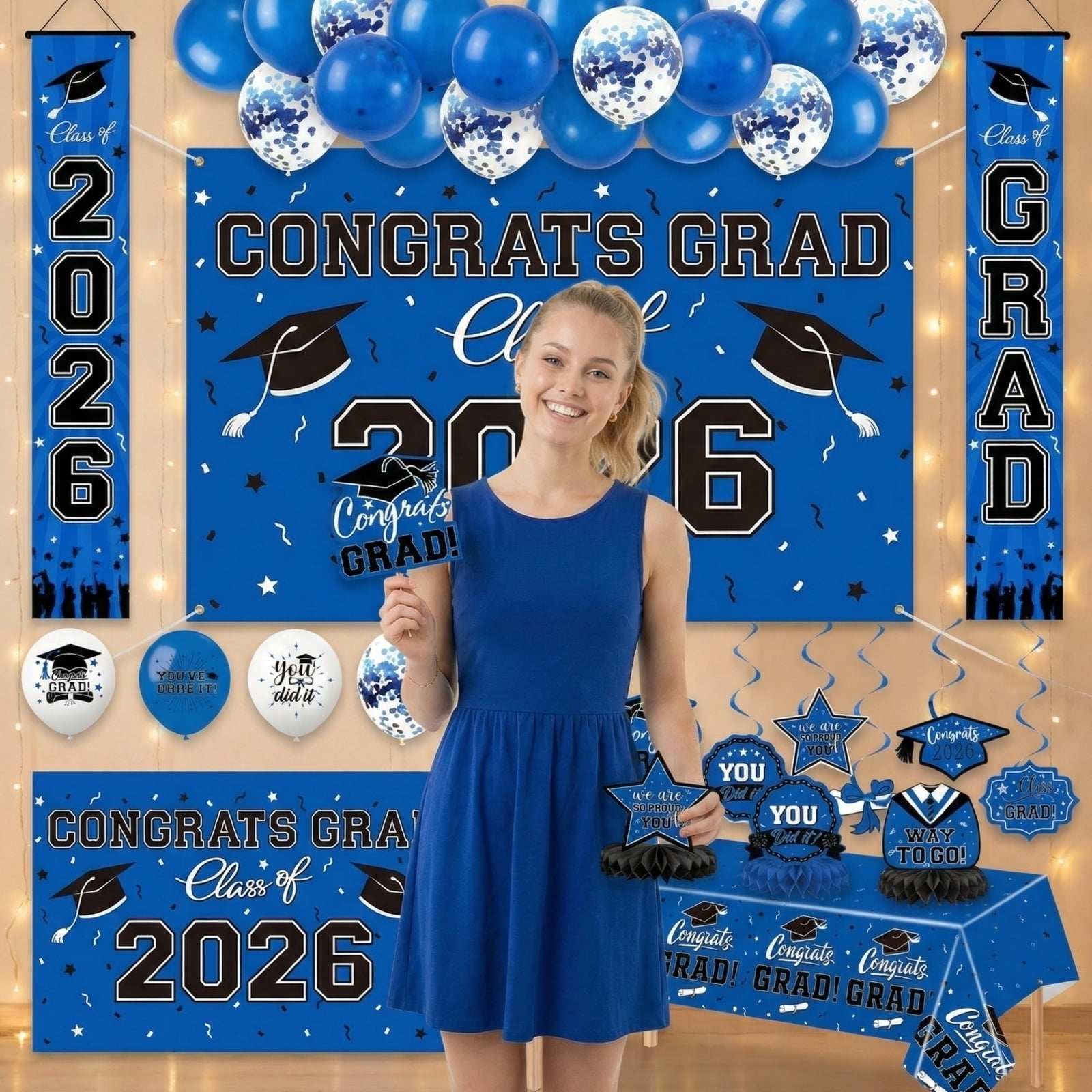 Graduation Party Decorations 2026, Blue and White Balloons, Graduation Cap Decorations Kit, Class of 2026 Decorations, Honeycomb Centerpieces, Hanging Swirls, Vinyl Table Cover,
