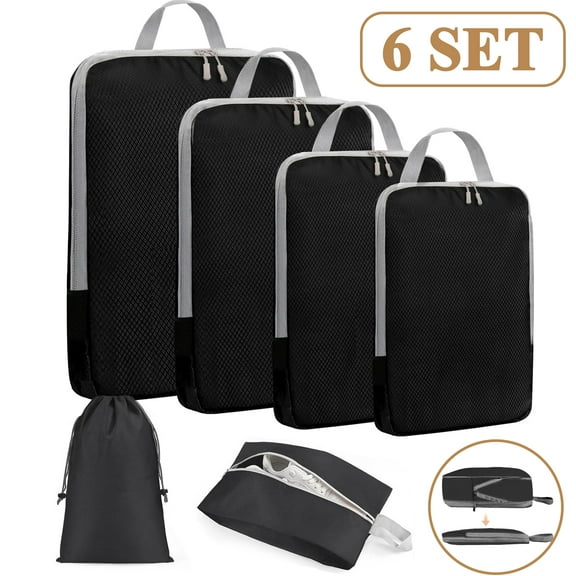 Yalumo 6 Set Compression Packing Cubes, Expandable Packing Cubes for Travel Lightweight Travel Essentials Compression Bags Compressible Travel Packing Organizer for Carry on Luggage, Black